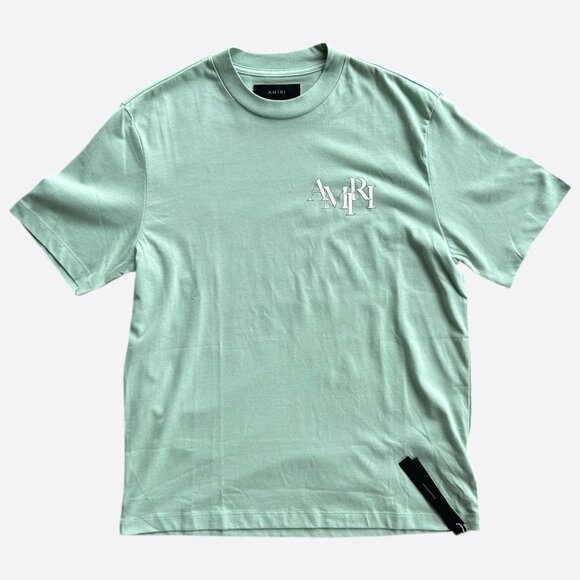 Amiri Green & White Staggered Logo T-Shirt - Picture 1 of 4